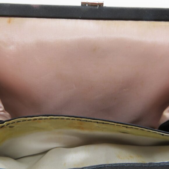 Vintage Handheld Clutch Chain Strap Black Satin Purse Bag Frame Evening Silver - Picture 12 of 12